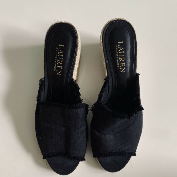 Ralph Lauren Carlynda Black Linen Slip On Wedges - Picture 3 of 7